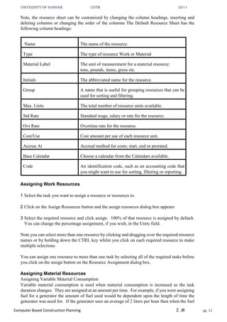 UNIVERSITY OF GONDAR CoTM 2011
Computer Based Construction Planning Z.M pg. 13
Note, the resource sheet can be customized by changing the column headings, inserting and
deleting columns or changing the order of the columns The Default Resource Sheet has the
following column headings:
Name The name of the resource.
Type The type of resource Work or Material
Material Label The unit of measurement for a material resource:
tons, pounds, items, gross etc.
Initials The abbreviated name for the resource.
Group A name that is useful for grouping resources that can be
used for sorting and filtering.
Max. Units The total number of resource units available.
Std Rate Standard wage, salary or rate for the resource.
Ovt Rate Overtime rate for the resource.
Cost/Use Cost amount per use of each resource unit.
Accrue At Accrual method for costs; start, end or prorated.
Base Calendar Choose a calendar from the Calendars available.
Code An identification code, such as an accounting code that
you might want to use for sorting, filtering or reporting.
Assigning Work Resources
1 Select the task you want to assign a resource or resources to.
2 Click on the Assign Resources button and the assign resources dialog box appears
3 Select the required resource and click assign. 100% of that resource is assigned by default.
You can change the percentage assignment, if you wish, in the Units field.
Note you can select more than one resource by clicking and dragging over the required resource
names or by holding down the CTRL key whilst you click on each required resource to make
multiple selections
You can assign one resource to more than one task by selecting all of the required tasks before
you click on the assign button on the Resource Assignment dialog box.
Assigning Material Resources
Assigning Variable Material Consumption
Variable material consumption is used when material consumption is increased as the task
duration changes. They are assigned at an amount per time. For example, if you were assigning
fuel for a generator the amount of fuel used would be dependent upon the length of time the
generator was need for. If the generator uses an average of 2 liters per hour then when the fuel
 