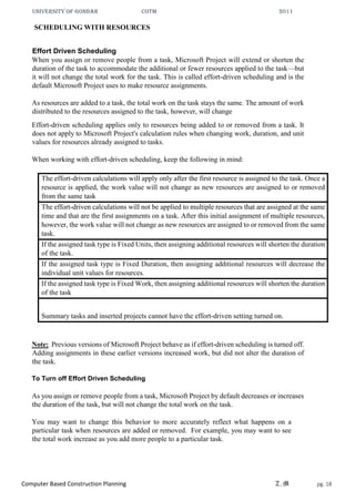 UNIVERSITY OF GONDAR CoTM 2011
Computer Based Construction Planning Z.M pg. 18
SCHEDULING WITH RESOURCES
Effort Driven Scheduling
When you assign or remove people from a task, Microsoft Project will extend or shorten the
duration of the task to accommodate the additional or fewer resources applied to the task—but
it will not change the total work for the task. This is called effort-driven scheduling and is the
default Microsoft Project uses to make resource assignments.
As resources are added to a task, the total work on the task stays the same. The amount of work
distributed to the resources assigned to the task, however, will change
Effort-driven scheduling applies only to resources being added to or removed from a task. It
does not apply to Microsoft Project's calculation rules when changing work, duration, and unit
values for resources already assigned to tasks.
When working with effort-driven scheduling, keep the following in mind:
The effort-driven calculations will apply only after the first resource is assigned to the task. Once a
resource is applied, the work value will not change as new resources are assigned to or removed
from the same task
The effort-driven calculations will not be applied to multiple resources that are assigned at the same
time and that are the first assignments on a task. After this initial assignment of multiple resources,
however, the work value will not change as new resources are assigned to or removed from the same
task.
If the assigned task type is Fixed Units, then assigning additional resources will shorten the duration
of the task.
If the assigned task type is Fixed Duration, then assigning additional resources will decrease the
individual unit values for resources.
If the assigned task type is Fixed Work, then assigning additional resources will shorten the duration
of the task
Summary tasks and inserted projects cannot have the effort-driven setting turned on.
Note: Previous versions of Microsoft Project behave as if effort-driven scheduling is turned off.
Adding assignments in these earlier versions increased work, but did not alter the duration of
the task.
To Turn off Effort Driven Scheduling
As you assign or remove people from a task, Microsoft Project by default decreases or increases
the duration of the task, but will not change the total work on the task.
You may want to change this behavior to more accurately reflect what happens on a
particular task when resources are added or removed. For example, you may want to see
the total work increase as you add more people to a particular task.
 