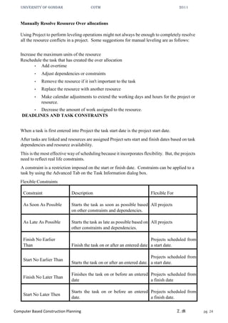UNIVERSITY OF GONDAR CoTM 2011
Computer Based Construction Planning Z.M pg. 24
Manually Resolve Resource Over allocations
Using Project to perform leveling operations might not always be enough to completely resolve
all the resource conflicts in a project. Some suggestions for manual leveling are as follows:
Increase the maximum units of the resource
Reschedule the task that has created the over allocation
• Add overtime
• Adjust dependencies or constraints
• Remove the resource if it isn't important to the task
• Replace the resource with another resource
• Make calendar adjustments to extend the working days and hours for the project or
resource.
• Decrease the amount of work assigned to the resource.
DEADLINES AND TASK CONSTRAINTS
When a task is first entered into Project the task start date is the project start date.
After tasks are linked and resources are assigned Project sets start and finish dates based on task
dependencies and resource availability.
This is the most effective way of scheduling because it incorporates flexibility. But, the projects
need to reflect real life constraints.
A constraint is a restriction imposed on the start or finish date. Constraints can be applied to a
task by using the Advanced Tab on the Task Information dialog box.
Flexible Constraints
Constraint Description Flexible For
As Soon As Possible Starts the task as soon as possible based
on other constraints and dependencies.
All projects
As Late As Possible Starts the task as late as possible based on
other constraints and dependencies.
All projects
Finish No Earlier
Than Finish the task on or after an entered date
Projects scheduled from
a start date.
Start No Earlier Than
Starts the task on or after an entered date.
Projects scheduled from
a start date.
Finish No Later Than
Finishes the task on or before an entered
date
Projects scheduled from
a finish date
Start No Later Then
Starts the task on or before an entered
date.
Projects scheduled from
a finish date.
 