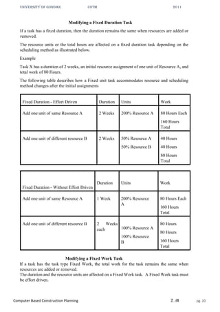 UNIVERSITY OF GONDAR CoTM 2011
Computer Based Construction Planning Z.M pg. 20
Modifying a Fixed Duration Task
If a task h...