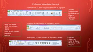 c) Proyectos: El menú proyectos se divide en 6 grupos:
Explorando las pestañas de menú
- Insertar
- Propiedades
- Programación
- Estado
- Informes
- Revisión
d) Vistas: El menú vistas se divide en 7 grupos:
- Vista por tareas
- Vista por recursos
- Datos
- Zoom
- Vista de dos paneles
- Ventana
- Macros
e) Formato: El menú formato se divide en 5 grupos: - Formato
- Columnas
- Estilo de Barra
- Mostrar u ocultar
- Dibujos
 