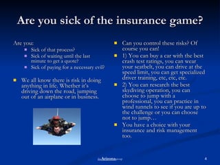 Are you sick of the insurance game? Are you:  Sick of that process? Sick of waiting until the last minute to get a quote?  Sick of paying for a necessary evil? We all know there is risk in doing anything in life. Whether it’s driving down the road, jumping out of an airplane or in business.  Can you control these risks? Of course you can! 1) You can buy a car with the best crash test ratings, you can wear your seatbelt, you can drive at the speed limit, you can get specialized driver training, etc, etc, etc. 2) You can research the best skydiving operation, you can choose to jump with a professional, you can practice in wind tunnels to see if you are up to the challenge or you can choose not to jump…  You have a choice with your insurance and risk management too. the Arizona group 