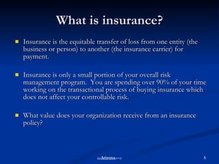 What is insurance? Insurance is the equitable transfer of loss from one entity (the business or person) to another (the insurance carrier) for payment.  Insurance is only a small portion of your overall risk management program.  You are spending over 90% of your time working on the transactional process of buying insurance which does not affect your controllable risk.  What value does your organization receive from an insurance policy? the Arizona group 