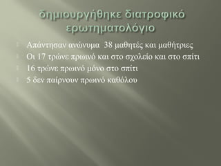  Απάντησαν ανώνυμα 38 μαθητές και μαθήτριες
 Οι 17 τρώνε πρωινό και στο σχολείο και στο σπίτι
 16 τρώνε πρωινό μόνο στο σπίτι
 5 δεν παίρνουν πρωινό καθόλου
 