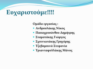 Ευχαριστούμε!!!!
Ομάδα εργασίας :
 Ανδρουλάκης Νίκος
 Παπαχρυσάνθου Δημήτρης
 Σταματάκης Γιώργος
 Σχοινιωτάκης Γρηγόρης
 Τζεβαμπινά Στεφανία
 Τριανταφυλλάκης Μάνος
 