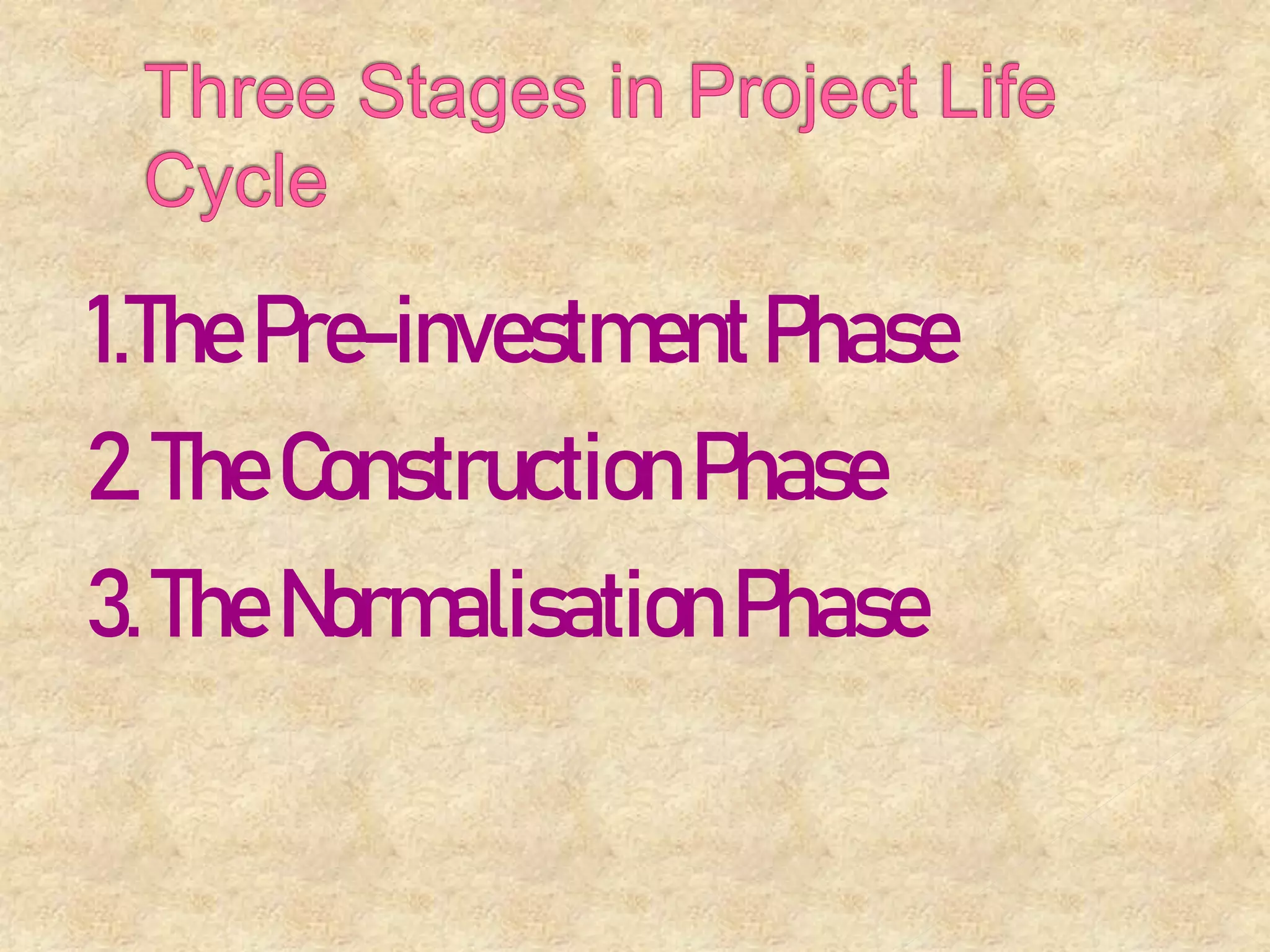 1.ThePre-investmentPhase
2.TheConstructionPhase
3.TheNormalisationPhase
 