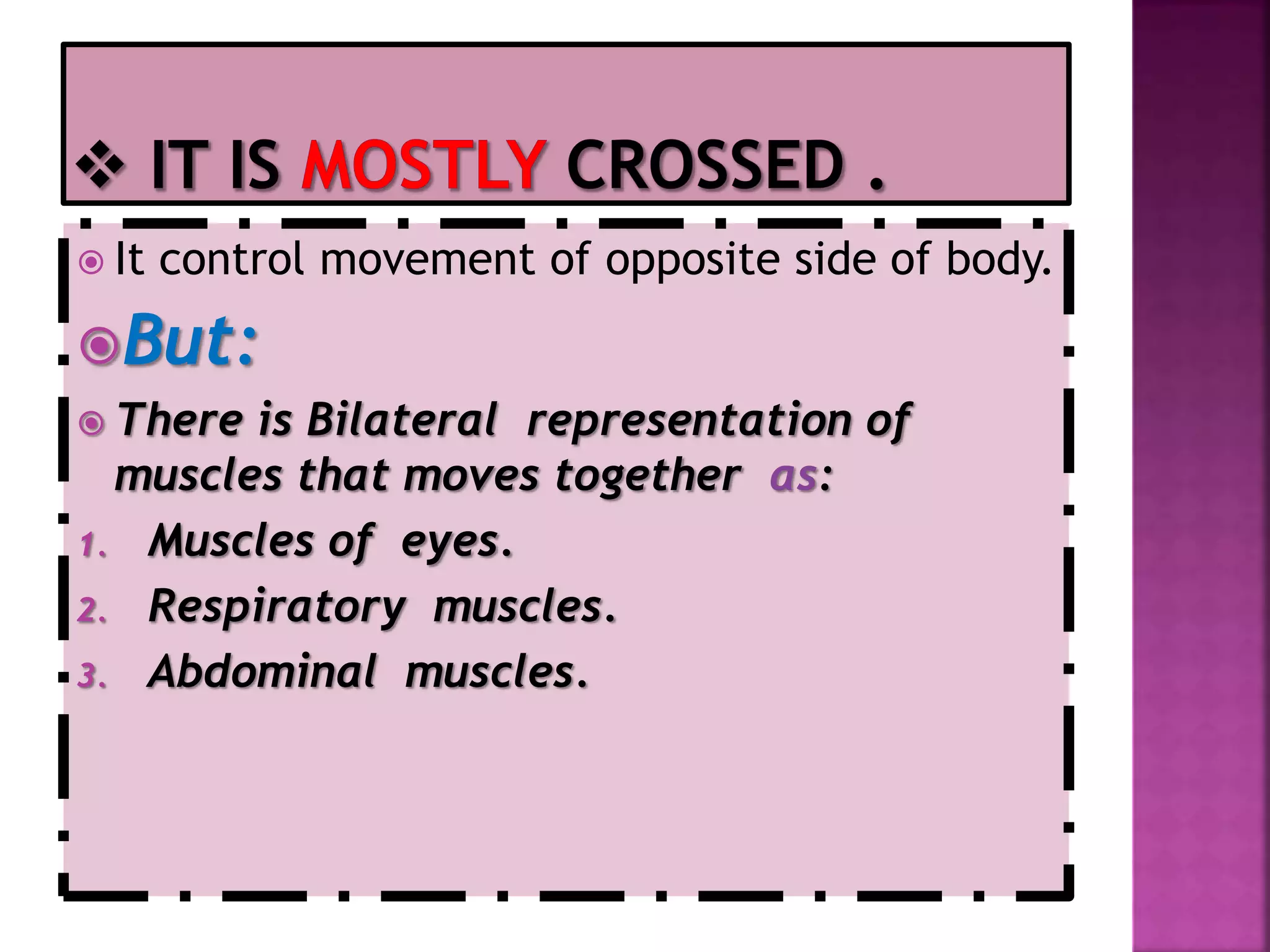  It control movement of opposite side of body.
But:
 There is Bilateral representation of
muscles that moves together as:
1. Muscles of eyes.
2. Respiratory muscles.
3. Abdominal muscles.
 
