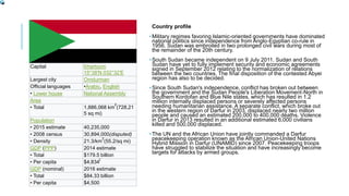 Country profile
•Military regimes favoring Islamic-oriented governments have dominated
national politics since independence from Anglo-Egyptian co-rule in
1956. Sudan was embroiled in two prolonged civil wars during most of
the remainder of the 20th century.
•South Sudan became independent on 9 July 2011. Sudan and South
Sudan have yet to fully implement security and economic agreements
signed in September 2012 relating to the normalization of relations
between the two countries. The final disposition of the contested Abyei
region has also to be decided.
•Since South Sudan's independence, conflict has broken out between
the government and the Sudan People's Liberation Movement-North in
Southern Kordofan and Blue Nile states, which has resulted in 1.2
million internally displaced persons or severely affected persons
needing humanitarian assistance. A separate conflict, which broke out
in the western region of Darfur in 2003, displaced nearly two million
people and caused an estimated 200,000 to 400,000 deaths. Violence
in Darfur in 2013 resulted in an additional estimated 6,000 civilians
killed and 500,000 displaced.
•The UN and the African Union have jointly commanded a Darfur
peacekeeping operation known as the African Union-United Nations
Hybrid Mission in Darfur (UNAMID) since 2007. Peacekeeping troops
have struggled to stabilize the situation and have increasingly become
targets for attacks by armed groups.
Capital Khartoum
15°38′N 032°32′E
Largest city Omdurman
Official languages •Arabic, English
• Lower house National Assembly
Area
• Total 1,886,068 km
2
(728,21
5 sq mi)
Population
• 2015 estimate 40,235,000
• 2008 census 30,894,000(disputed)
• Density 21.3/km
2
(55.2/sq mi)
GDP (PPP) 2014 estimate
• Total $179.5 billion
• Per capita $4,834
[
GDP (nominal) 2016 estimate
• Total $84.33 billion
• Per capita $4,500
 