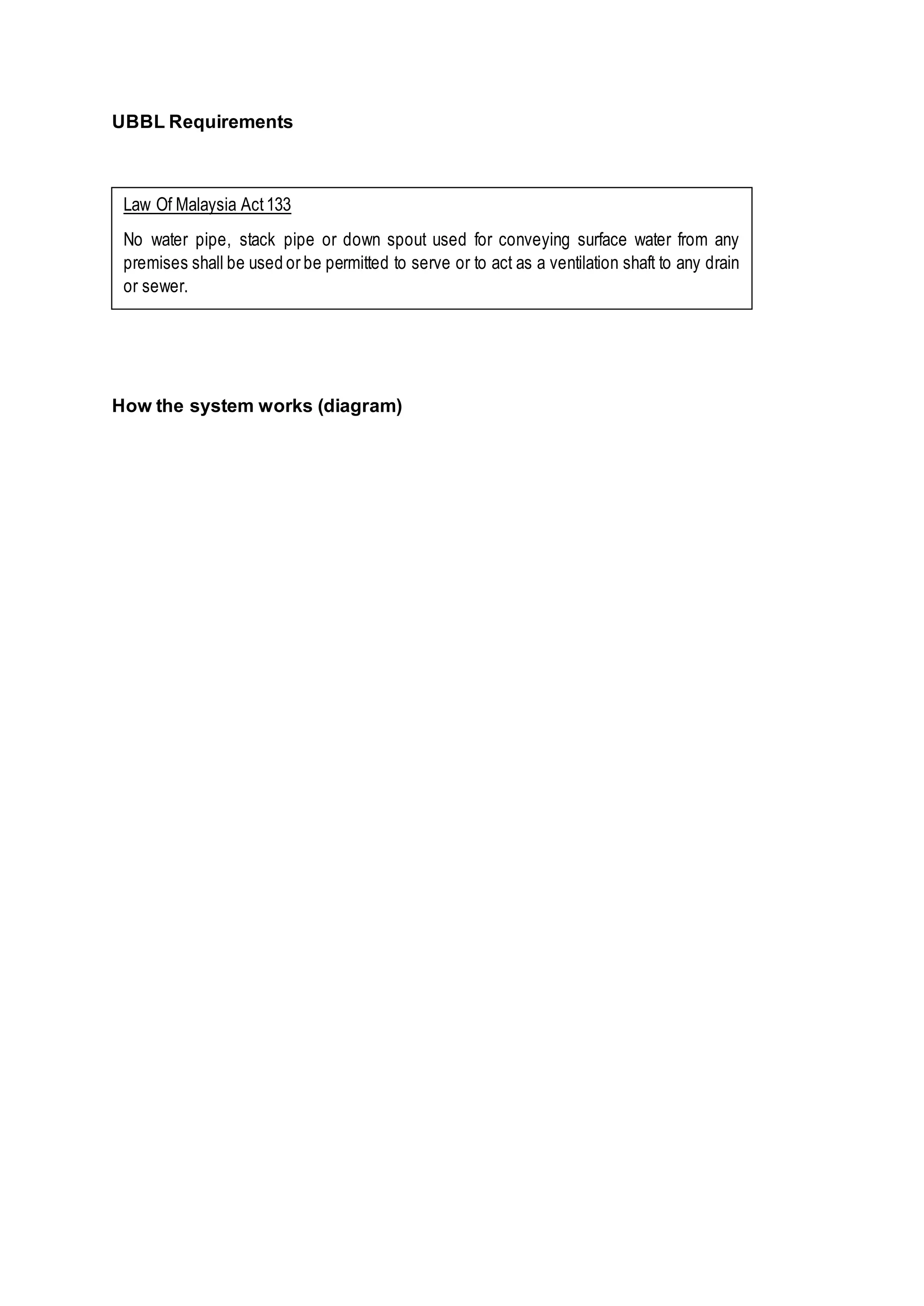 UBBL Requirements
How the system works (diagram)
Law Of Malaysia Act133
No water pipe, stack pipe or down spout used for conveying surface water from any
premises shall be used or be permitted to serve or to act as a ventilation shaft to any drain
or sewer.
 