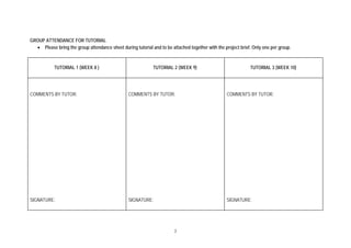 2
GROUP ATTENDANCE FOR TUTORIAL
 Please bring the group attendance sheet during tutorial and to be attached together with the project brief. Only one per group.
TUTORIAL 1 (WEEK 8 ) TUTORIAL 2 (WEEK 9) TUTORIAL 3 (WEEK 10)
COMMENTS BY TUTOR:
SIGNATURE:
COMMENTS BY TUTOR:
SIGNATURE:
COMMENTS BY TUTOR:
SIGNATURE:
 