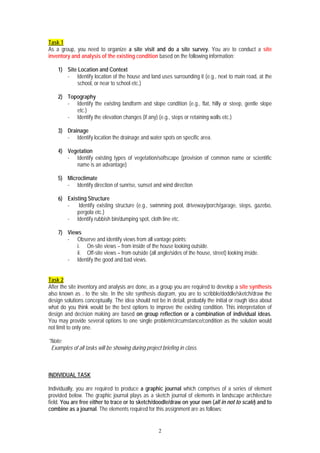 2
Task 1
As a group, you need to organize a site visit and do a site survey. You are to conduct a site
inventory and analysis of the existing condition based on the following information:
1) Site Location and Context
- Identify location of the house and land uses surrounding it (e.g., next to main road, at the
school, or near to school etc.)
2) Topography
- Identify the existing landform and slope condition (e.g., flat, hilly or steep, gentle slope
etc.)
- Identify the elevation changes (if any) (e.g., steps or retaining walls etc.)
3) Drainage
- Identify location the drainage and water spots on specific area.
4) Vegetation
- Identify existing types of vegetation/softscape (provision of common name or scientific
name is an advantage)
5) Microclimate
- Identify direction of sunrise, sunset and wind direction
6) Existing Structure
- Identify existing structure (e.g., swimming pool, driveway/porch/garage, steps, gazebo,
pergola etc.)
- Identify rubbish bin/dumping spot, cloth line etc.
7) Views
- Observe and identify views from all vantage points;
i. On-site views – from inside of the house looking outside.
ii. Off-site views – from outside (all angle/sides of the house, street) looking inside.
- Identify the good and bad views.
Task 2
After the site inventory and analysis are done, as a group you are required to develop a site synthesis
also known as . to the site. In the site synthesis diagram, you are to scribble/doddle/sketch/draw the
design solutions conceptually. The idea should not be in detail, probably the initial or rough idea about
what do you think would be the best options to improve the existing condition. This interpretation of
design and decision making are based on group reflection or a combination of individual ideas.
You may provide several options to one single problem/circumstance/condition as the solution would
not limit to only one.
*Note:
Examples of all tasks will be showing during project briefing in class.
INDIVIDUAL TASK
Individually, you are required to produce a graphic journal which comprises of a series of element
provided below. The graphic journal plays as a sketch journal of elements in landscape architecture
field. You are free either to trace or to sketch/doodle/draw on your own (all in not to scale) and to
combine as a journal. The elements required for this assignment are as follows;
 