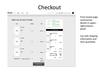 Checkout
Final review page
summarises
details in upperright process
panel
Can edit shipping
information and
item quantities

 