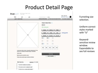 Product Detail Page
Funneling size
selection.
Uniform-correct
styles marked
with “U”
Keywordsensitive review
window.
Expandable to
see full reviews

 