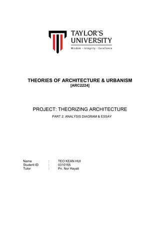 THEORIES OF ARCHITECTURE & URBANISM
[ARC2224]
PROJECT: THEORIZING ARCHITECTURE
PART 2: ANALYSIS DIAGRAM & ESSAY
Name : TEO KEAN HUI
Student ID : 0310165
Tutor : Pn. Nor Hayati
 