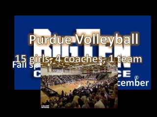 Purdue Volleyball 15 girls, 4 coaches, 1 team Fall sport season August-December 