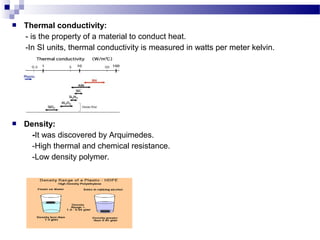  Thermal conductivity: 
- is the property of a material to conduct heat. 
-In SI units, thermal conductivity is measured in watts per meter kelvin. 
 Density: 
-It was discovered by Arquimedes. 
-High thermal and chemical resistance. 
-Low density polymer. 
 