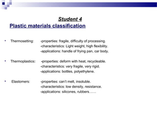 Student 4 
Plastic materials classification 
 Thermosetting: -properties: fragile, difficulty of processing. 
-characteristics: Light weight, high flexibility. 
-applications: handle of frying pan, car body. 
 Thermoplastics: -properties: deform with heat, recycleable. 
-characteristics: very fragile, very rigid. 
-applications: bottles, polyethylene. 
 Elastomers: -properties: can’t melt, insoluble. 
-characteristics: low density, resistance. 
-applications: silicones, rubbers…… 
 