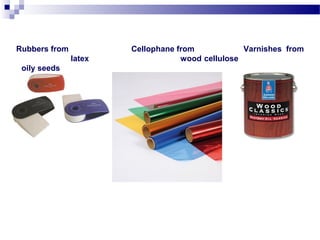 Rubbers from Cellophane from Varnishes from 
latex wood cellulose 
oily seeds 
 