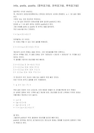 infix, prefix, postfix. (?????, ?????, ?????)

???? ??? infix??.
?, ???? ????(????? ??)? ???? ??? ????. a + 1? ?? ??
??.
??? ?? ?? ???? ????.
+ a 1? ?? ???? ????? ?? ??? prefix?? ??.
??? a 1 +? ?? ??? ??? postfix?? ??.
?? infix? prefix or postfix ? ??? ?? ????.
?? infix?? ?? ????.


1 + ( a + 2 ) * 5 / 7


????? ? ???.
? ??? ?? ? ?? ?? ??? ????.


( 1 + ( ( ( a + 2 ) * 5 ) / 7 ) )


???? ??? ??? ?? ???. ?? ????? ?? ????.
??? ??? ??, ? ?? ??? ?? "???? + ??? + ????" ? ??? ??
??? ???.
? ??? ???? ???? ?? ???.


( 1 + ( ( ( a         2     )+ * 5 ) / 7 ) )
( 1 + ( ( ( a         2 )+        5 )* / 7 ) )
( 1 + ( ( ( a         2 )+        5 )*    7 ) / )
( 1       ( ( ( a    2 )+    5 )*        7 ) / ) +


? ???? ?? ??? ?? ?? ??? ?? ?? ???.
?? ??? ??? ??? ?? ?????.


1     a    2 +      5 *   7 / +


?? ?? ??? ?? ????, ?? ??? ??? ? ??? ??? ?? ???
? ??? ??? ?? ??? ?? ??? ??. ???? ??? ???? ??? ???
?? ?? ???? ?? ???.


+ : a + 2
* : (a + 2 ) * 5
/ : (a + 2 ) * 5            / 7
+ : 1 + ( a + 2 ) * 5 / 7



? ??.
???? prefix?? ?? ???? ???? ??? ?? ??.
prefix? ???? ??? ??????? ???? ??? ??? ???? ???? ??
? ???? ??.
 