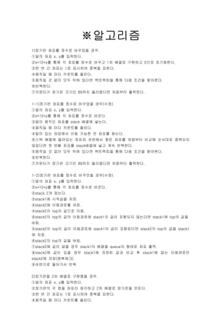 ????
1)??? ??? ??? ???? ??.
?? ?? x, y? ????.
x*10+y? ?? ? ??? ??? ??? 1? ??? ???? 0?? ?????.
? ? ? ??? 1? ???? ??? ???.
??? ? ?? ???? ???.
??? ? ?? ?? ?? ??? ????? ?? ?? ??? ????.
????.
???? ??? ??? 89?? ????? ???? ????.


1-1)??? ??? ??? ???? ??(??).
?? ?? x, y? ????.
x*10+y? ?? ? ??? ??? ???.
?? ??? ??? stack ??? ???.
??? ? ?? ???? ???.
?? ?? ???? ?? ??? ? ??? ???.
?? ??? ???? ??? ??? ?? ??? ???? ??? ???? ????
???? ? ?? ??? stack??? ?? ?? ????.
??? ? ?? ?? ?? ??? ????? ?? ?? ??? ????.
????.
???? ??? ??? 89?? ????? ???? ????.


1-2)??? ??? ??? ???? ??(??).
?? ?? x, y? ????.
x*10+y? ?? ? ??? ??? ???.
stack 2? ???.
stack1? ???? ??.
stack2? ????? ??.
stack2? top? ??? ??.
stack2? top? ?? ????? stack1? ?? ???? ???? stack1? top? ??
??.
stack2? top? ?? ????? stack1? ?? ????? stack2? top? ?? stack1
? ??.
stack2? top? ?? ??.
stack2? ?? ?? ?? stack1? ??? queue? ??? ?? ??.
stack2? ?? ?? ?? stack1? ??? ?? ?? ? stack1? ?? ?????
stack2? ??(????)
??? ???? ??


2)???? 2? ??? ???? ??.
?? ?? x, y? ????.
???? ? ?? ??? ???? 2? ??? ???? ???.
? ? ? ??? 1? ???? ??? ???.
??? ? ?? ???? ???.
 