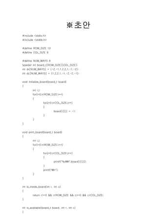 ??
#include <stdio.h>
#include <stdlib.h>


#define ROW_SIZE 10
#define COL_SIZE 9


#define NUM_WAYS 8
typedef int board_t[ROW_SIZE][COL_SIZE];
int dr[NUM_WAYS] = {-2,-1,1,2,2,1,-1,-2};
int dc[NUM_WAYS] = {1,2,2,1,-1,-2,-2,-1};


void initialize_board(board_t board)
{
         int i,j;
         for(i=0;i<ROW_SIZE;i++)
         {
                    for(j=0;j<COL_SIZE;j++)
                    {
                             board[i][j] = -1;
                    }
         }
}


void print_board(board_t board)
{
         int i,j;
         for(i=0;i<ROW_SIZE;i++)
         {
                    for(j=0;j<COL_SIZE;j++)
                    {
                             printf("%dt",board[i][j]);
                    }
                    printf("n");
         }
}


int is_inside_board(int r, int c)
{
         return r>=0 && r<ROW_SIZE && c>=0 && c<COL_SIZE;
}


int is_available(board_t board, int r, int c)
{
 