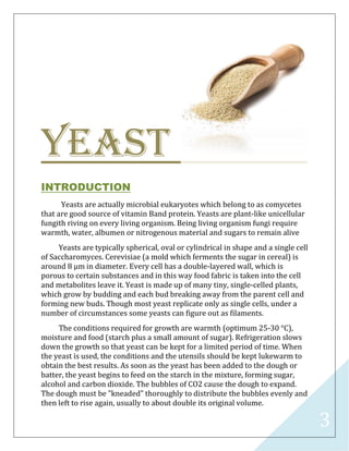 3
YEAST
INTRODUCTION
Yeasts are actually microbial eukaryotes which belong to as comycetes
that are good source of vitamin Band protein. Yeasts are plant-like unicellular
fungith riving on every living organism. Being living organism fungi require
warmth, water, albumen or nitrogenous material and sugars to remain alive
Yeasts are typically spherical, oval or cylindrical in shape and a single cell
of Saccharomyces. Cerevisiae (a mold which ferments the sugar in cereal) is
around 8 µm in diameter. Every cell has a double-layered wall, which is
porous to certain substances and in this way food fabric is taken into the cell
and metabolites leave it. Yeast is made up of many tiny, single-celled plants,
which grow by budding and each bud breaking away from the parent cell and
forming new buds. Though most yeast replicate only as single cells, under a
number of circumstances some yeasts can figure out as filaments.
The conditions required for growth are warmth (optimum 25-30 °C),
moisture and food (starch plus a small amount of sugar). Refrigeration slows
down the growth so that yeast can be kept for a limited period of time. When
the yeast is used, the conditions and the utensils should be kept lukewarm to
obtain the best results. As soon as the yeast has been added to the dough or
batter, the yeast begins to feed on the starch in the mixture, forming sugar,
alcohol and carbon dioxide. The bubbles of CO2 cause the dough to expand.
The dough must be "kneaded" thoroughly to distribute the bubbles evenly and
then left to rise again, usually to about double its original volume.
 