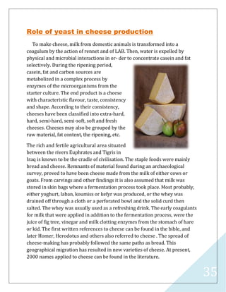 35
Role of yeast in cheese production
To make cheese, milk from domestic animals is transformed into a
coagulum by the action of rennet and of LAB. Then, water is expelled by
physical and microbial interactions in or- der to concentrate casein and fat
selectively. During the ripening period,
casein, fat and carbon sources are
metabolized in a complex process by
enzymes of the microorganisms from the
starter culture. The end product is a cheese
with characteristic flavour, taste, consistency
and shape. According to their consistency,
cheeses have been classified into extra-hard,
hard, semi-hard, semi-soft, soft and fresh
cheeses. Cheeses may also be grouped by the
raw material, fat content, the ripening, etc.
The rich and fertile agricultural area situated
between the rivers Euphrates and Tigris in
Iraq is known to be the cradle of civilisation. The staple foods were mainly
bread and cheese. Remnants of material found during an archaeological
survey, proved to have been cheese made from the milk of either cows or
goats. From carvings and other findings it is also assumed that milk was
stored in skin bags where a fermentation process took place. Most probably,
either yoghurt, laban, koumiss or kefyr was produced, or the whey was
drained off through a cloth or a perforated bowl and the solid curd then
salted. The whey was usually used as a refreshing drink. The early coagulants
for milk that were applied in addition to the fermentation process, were the
juice of fig tree, vinegar and milk clotting enzymes from the stomach of hare
or kid. The first written references to cheese can be found in the bible, and
later Homer, Herodotus and others also referred to cheese . The spread of
cheese-making has probably followed the same paths as bread. This
geographical migration has resulted in new varieties of cheese. At present,
2000 names applied to cheese can be found in the literature.
 