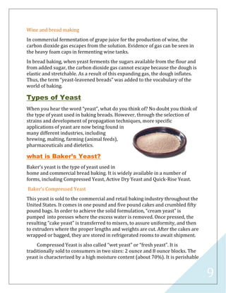 9
Wine and bread making
In commercial fermentation of grape juice for the production of wine, the
carbon dioxide gas escapes from the solution. Evidence of gas can be seen in
the heavy foam caps in fermenting wine tanks.
In bread baking, when yeast ferments the sugars available from the flour and
from added sugar, the carbon dioxide gas cannot escape because the dough is
elastic and stretchable. As a result of this expanding gas, the dough inflates.
Thus, the term “yeast-leavened breads” was added to the vocabulary of the
world of baking.
Types of Yeast
When you hear the word “yeast”, what do you think of? No doubt you think of
the type of yeast used in baking breads. However, through the selection of
strains and development of propagation techniques, more specific
applications of yeast are now being found in
many different industries, including
brewing, malting, farming (animal feeds),
pharmaceuticals and dietetics.
what is Baker’s Yeast?
Baker’s yeast is the type of yeast used in
home and commercial bread baking. It is widely available in a number of
forms, including Compressed Yeast, Active Dry Yeast and Quick-Rise Yeast.
Baker’s Compressed Yeast
This yeast is sold to the commercial and retail baking industry throughout the
United States. It comes in one pound and five pound cakes and crumbled fifty
pound bags. In order to achieve the solid formulation, “cream yeast” is
pumped into presses where the excess water is removed. Once pressed, the
resulting “cake yeast” is transferred to mixers, to assure uniformity, and then
to extruders where the proper lengths and weights are cut. After the cakes are
wrapped or bagged, they are stored in refrigerated rooms to await shipment.
Compressed Yeast is also called “wet yeast” or “fresh yeast”. It is
traditionally sold to consumers in two sizes: 2 ounce and 8 ounce blocks. The
yeast is characterized by a high moisture content (about 70%). It is perishable
 