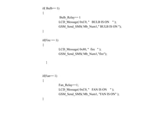 if( Bulb== 1)
{
Bulb_Relay== 1
LCD_Message( 0xC0, " BULB IS ON " );
GSM_Send_SMS( Mb_Num1," BULB IS ON ");
}
if(Fire == 1)
{
LCD_Message( 0x80, " fire " );
GSM_Send_SMS( Mb_Num1,"fire");
}
if(Fan== 1)
{
Fan_Relay==1;
LCD_Message( 0xC0, " FAN IS ON " );
GSM_Send_SMS( Mb_Num1, "FAN IS ON" );
}
 