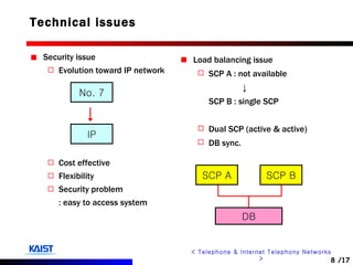 Technical issues Security issue Evolution toward IP network Cost effective Flexibility Security problem : easy to access system Load balancing issue SCP A : not available ↓ SCP B : single SCP Dual SCP (active & active) DB sync. SCP A SCP B DB No. 7 IP 