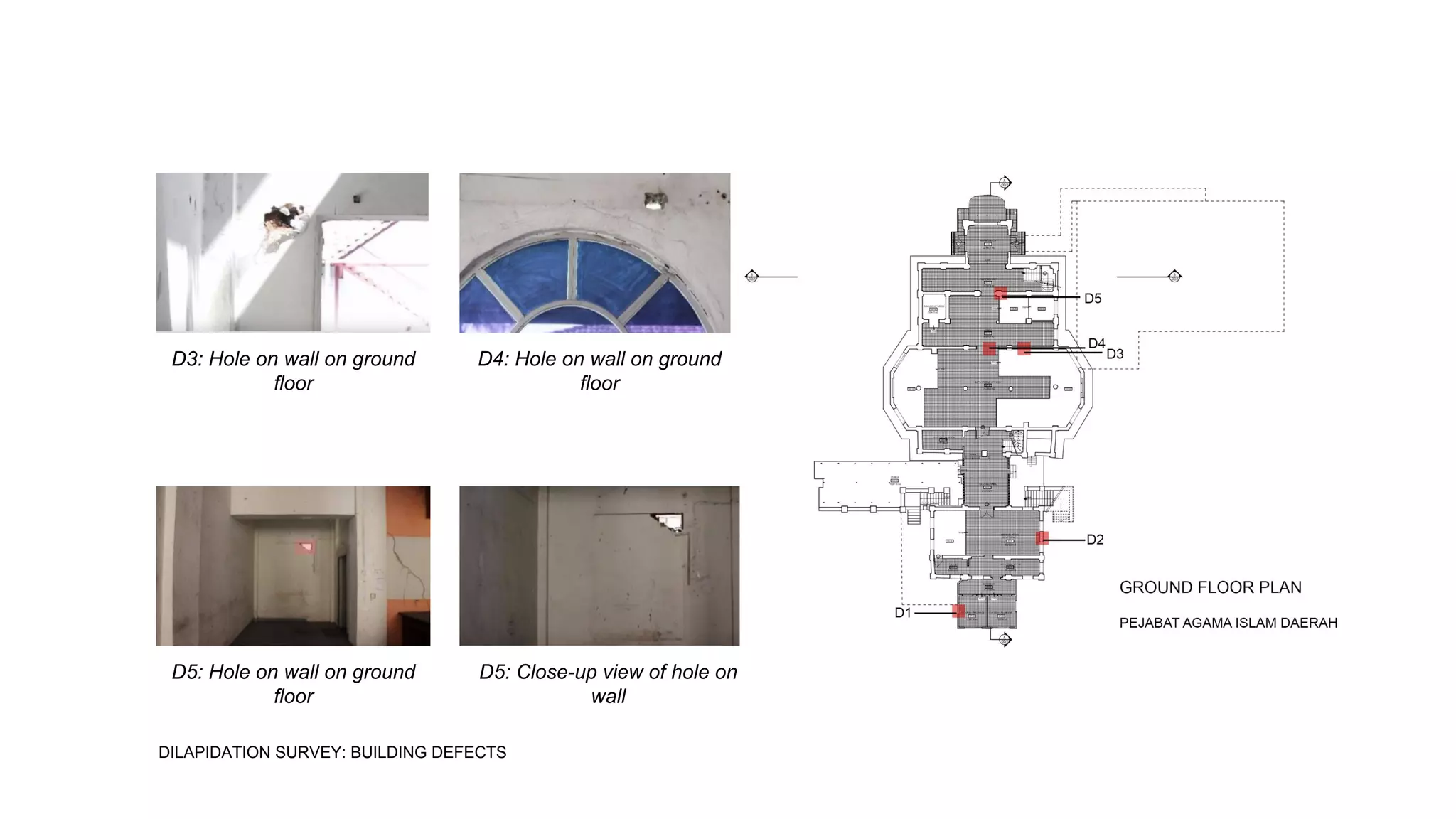 D3: Hole on wall on ground
floor
D4: Hole on wall on ground
floor
D5: Hole on wall on ground
floor
D5: Close-up view of hole on
wall
DILAPIDATION SURVEY: BUILDING DEFECTS
 