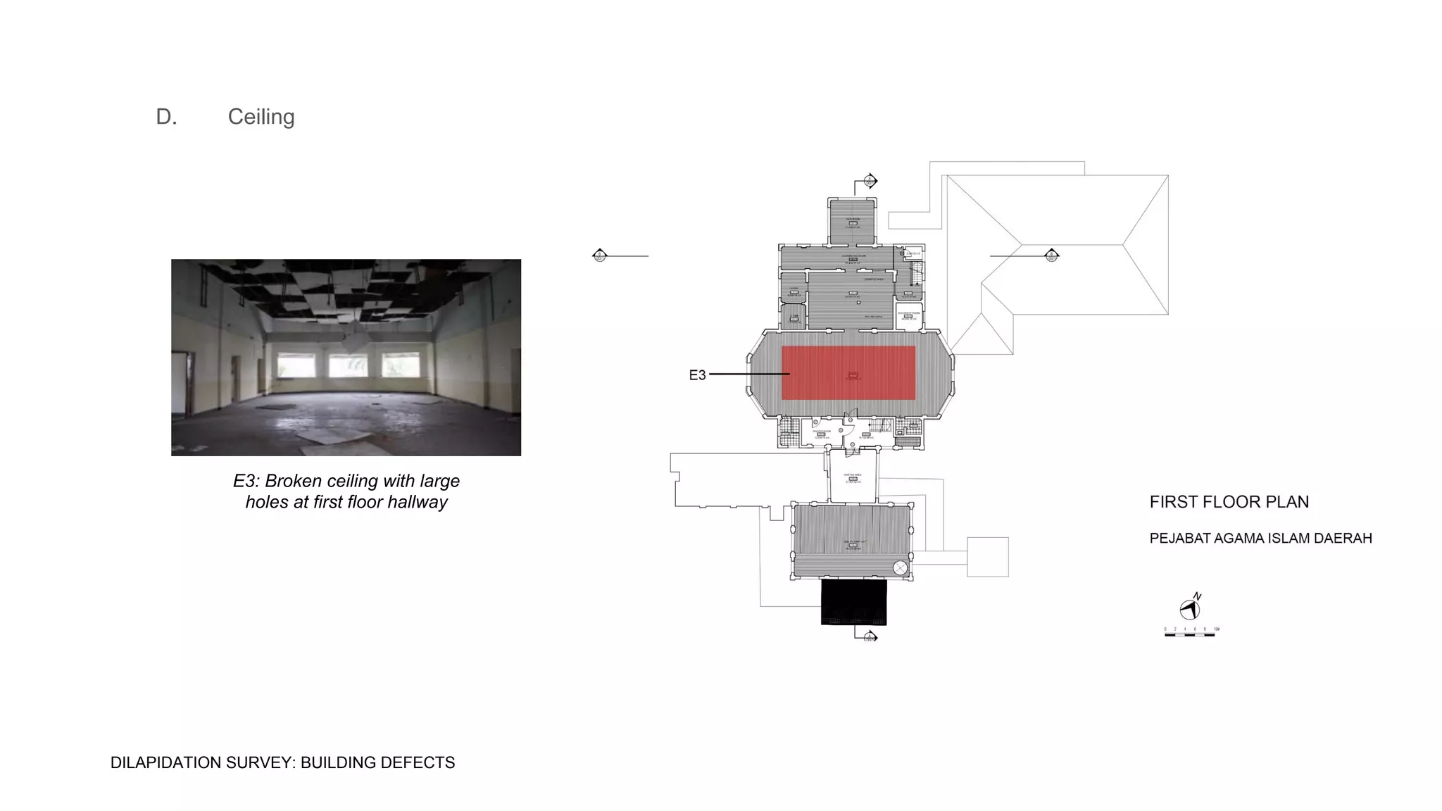 E3: Broken ceiling with large
holes at first floor hallway
D. Ceiling
DILAPIDATION SURVEY: BUILDING DEFECTS
 