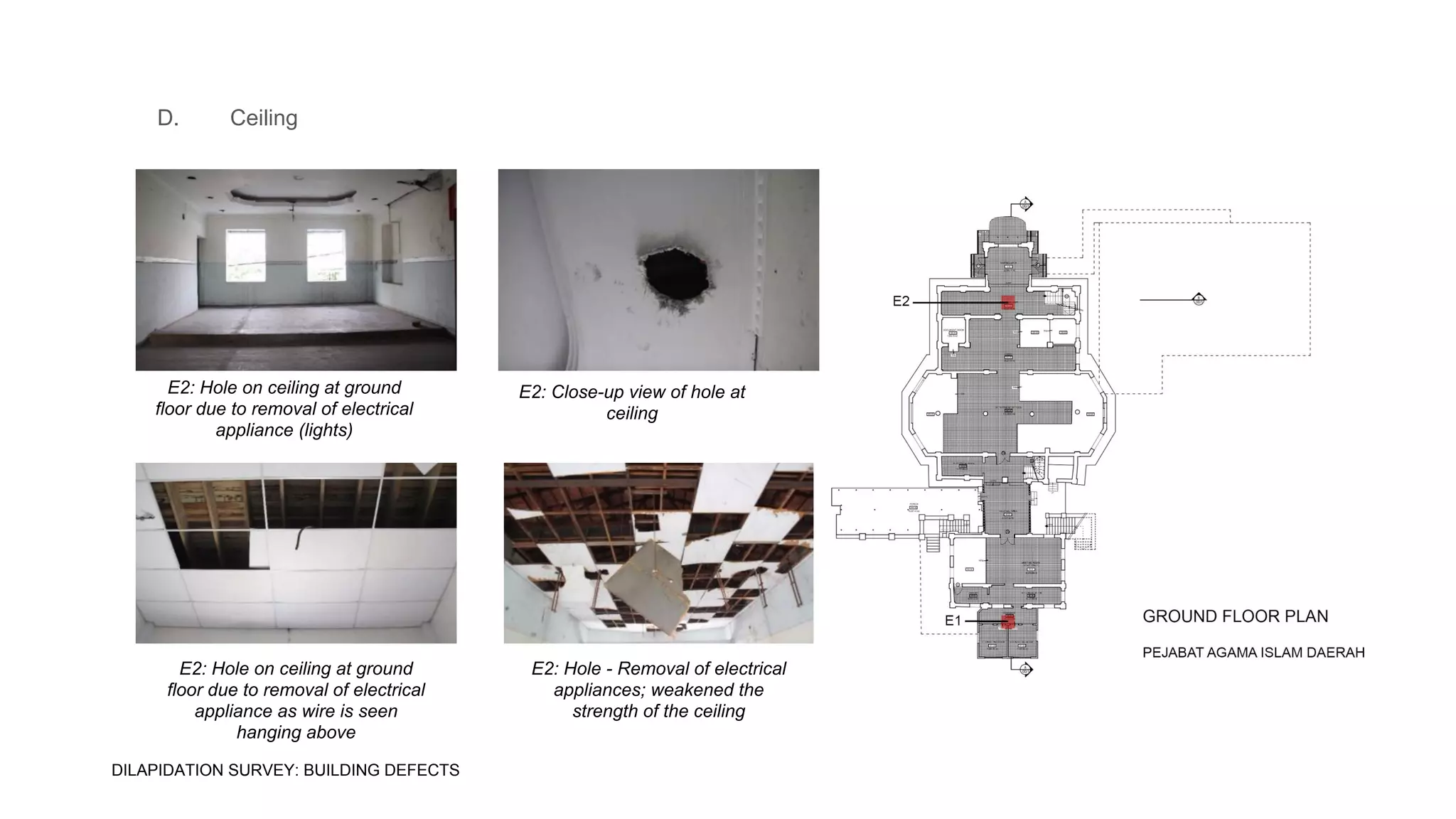 E2: Hole on ceiling at ground
floor due to removal of electrical
appliance (lights)
E2: Close-up view of hole at
ceiling
E2: Hole on ceiling at ground
floor due to removal of electrical
appliance as wire is seen
hanging above
E2: Hole - Removal of electrical
appliances; weakened the
strength of the ceiling
D. Ceiling
DILAPIDATION SURVEY: BUILDING DEFECTS
 
