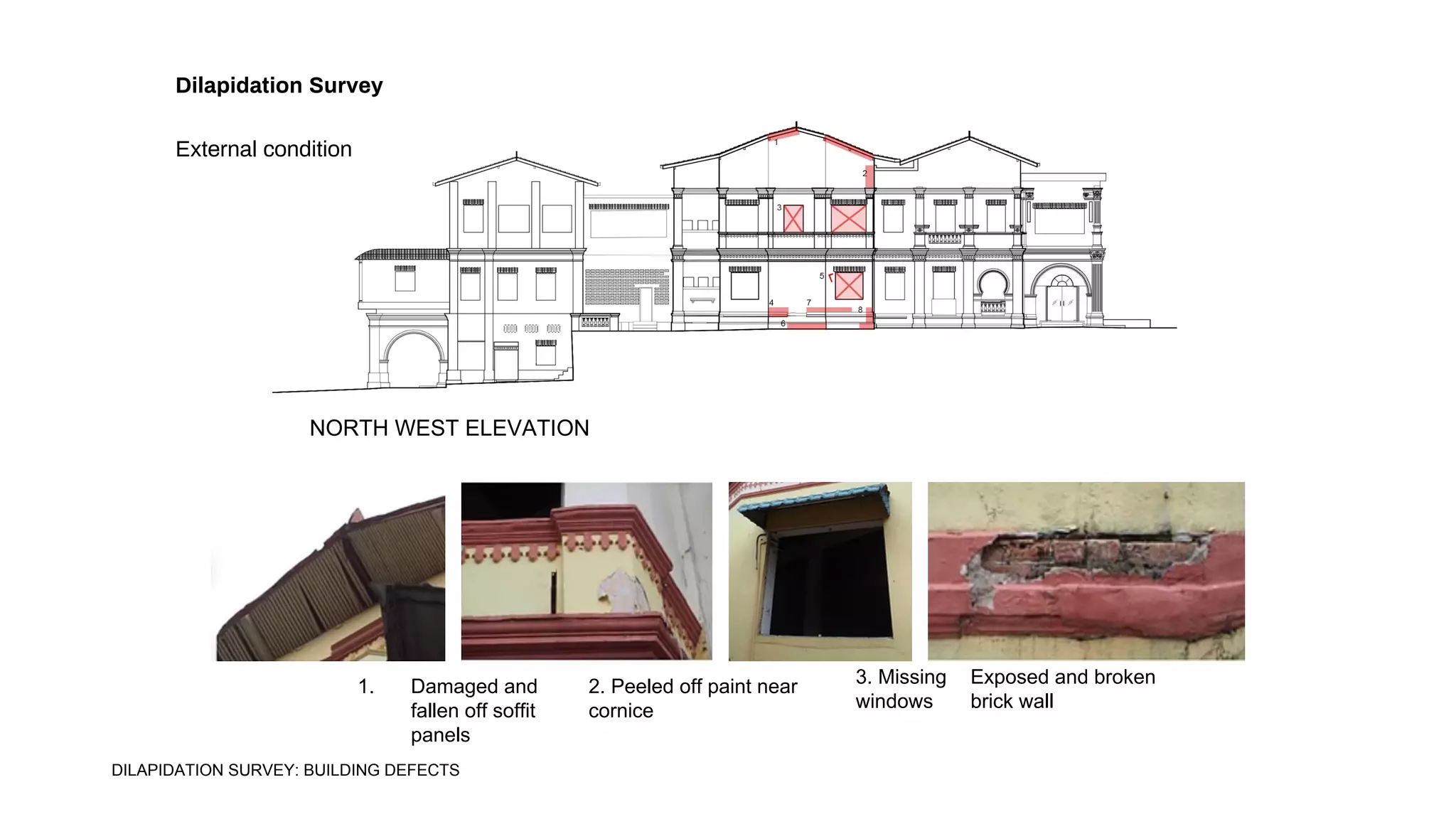 1. Damaged and
fallen off soffit
panels
3. Missing
windows
2. Peeled off paint near
cornice
NORTH WEST ELEVATION
Exposed and broken
brick wall
Dilapidation Survey
External condition
DILAPIDATION SURVEY: BUILDING DEFECTS
 