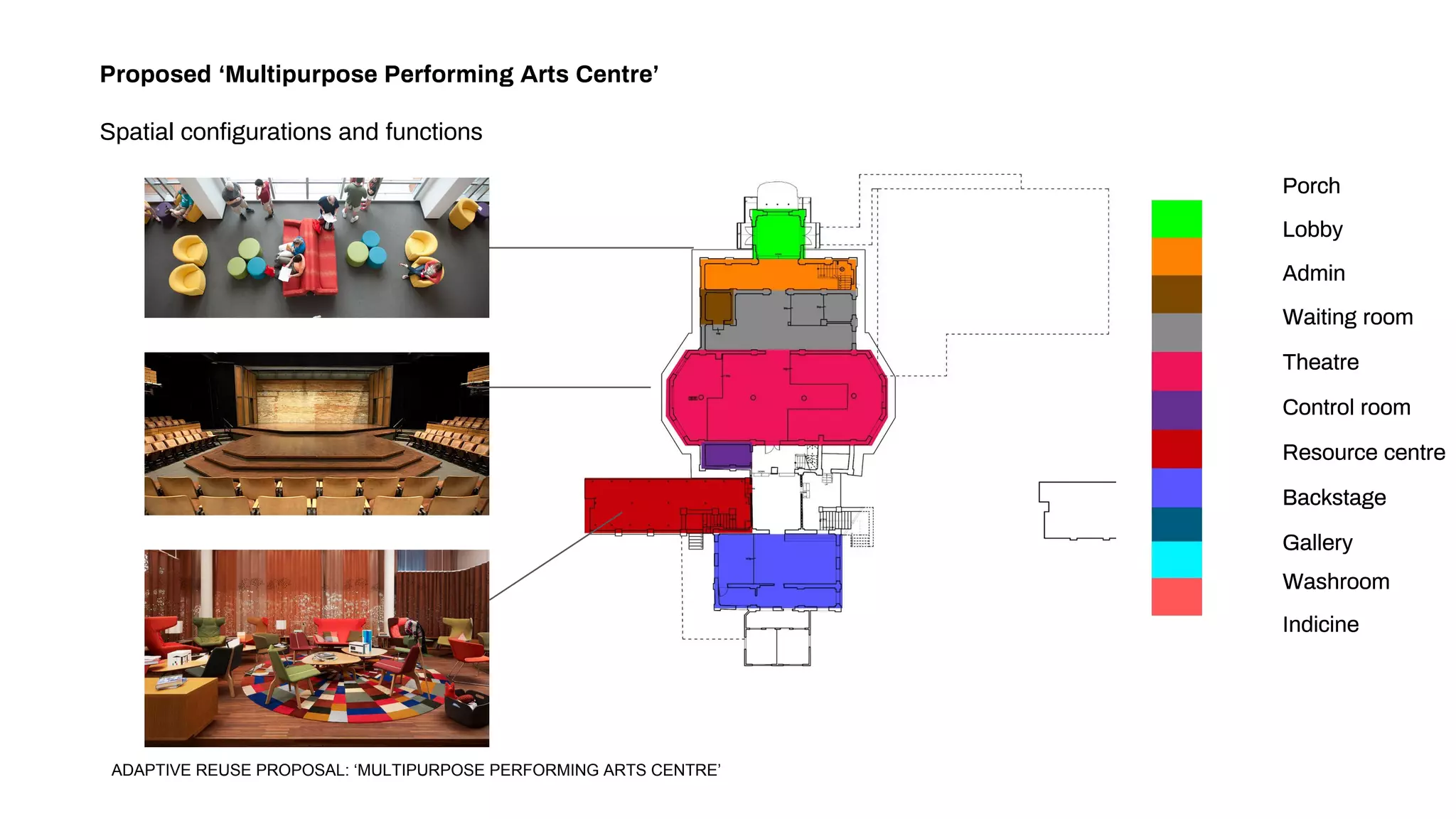 Porch
Lobby
Admin
Waiting room
Theatre
Control room
Resource centre
Backstage
Gallery
Washroom
Indicine
Porch
Lobby
Admin
Waiting room
Theatre
Control room
Resource centre
Backstage
Gallery
Washroom
Indicine
Proposed ‘Multipurpose Performing Arts Centre’
Spatial configurations and functions
ADAPTIVE REUSE PROPOSAL: ‘MULTIPURPOSE PERFORMING ARTS CENTRE’
 