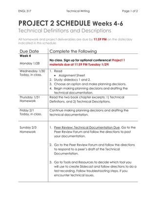 ENGL 317 Technical Writing Page 1 of 2
PROJECT 2 SCHEDULE Weeks 4-6
Technical Definitions and Descriptions
All homework and project deliverables are due by 11:59 PM on the date/day
indicated in this schedule.
Due Date Complete the Following
Week 4
Monday 1/28
No class. Sign up for optional conference! Project 1
materials due at 11:59 PM Tuesday 1/29!
Wednesday 1/30
Today, in class.
1. Read
• Assignment Sheet
2. Study: slidedocs 1 and 2.
3. Choose an option and make planning decisions.
4. Begin making planning decisions and drafting the
technical documentation.
Thursday 1/31
Homework
Read the two book chapter excerpts: 1) Technical
Definitions, and 2) Technical Descriptions.
Friday 2/1
Today, in class.
Continue making planning decisions and drafting the
technical documentation.
Sunday 2/3
Homework
1. Peer Review: Technical Documentation Due. Go to the
Peer Review Forum and follow the directions to post
your documentation.
2. Go to the Peer Review Forum and follow the directions
to respond to a peer’s draft of the Technical
Documentation.
3. Go to Tools and Resources to decide which tool you
will use to create Slidecast and follow directions to do a
test recording. Follow troubleshooting steps, if you
encounter technical issues.
 