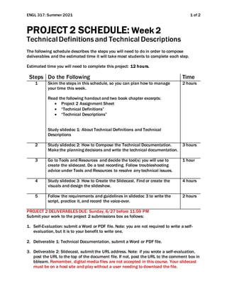 ENGL 317: Summer 2021 1 of 2
PROJECT 2 SCHEDULE: Week 2
TechnicalDefinitionsand Technical Descriptions
The following schedule describes the steps you will need to do in order to compose
deliverables and the estimated time it will take most students to complete each step.
Estimated time you will need to complete this project: 12 hours.
Steps Do the Following Time
1 Skim the steps in this schedule, so you can plan how to manage
your time this week.
Read the following handout and two book chapter excerpts:
 Project 2 Assignment Sheet
 “Technical Definitions”
 “Technical Descriptions”
Study slidedoc 1: About Technical Definitions and Technical
Descriptions
2 hours
2 Study slidedoc 2: How to Compose the Technical Documentation.
Make the planning decisions and write the technical documentation.
3 hours
3 Go to Tools and Resources and decide the tool(s) you will use to
create the slidecast. Do a test recording. Follow troubleshooting
advice under Tools and Resources to resolve any technical issues.
1 hour
4 Study slidedoc 3: How to Create the Slidecast. Find or create the
visuals and design the slideshow.
4 hours
5 Follow the requirements and guidelines in slidedoc 3 to write the
script, practice it, and record the voice-over.
2 hours
PROJECT 2 DELIVERABLES DUE: Sunday, 6/27 before 11:59 PM
Submit your work to the project 2 submissions box as follows:
1. Self-Evaluation: submit a Word or PDF file. Note: you are not required to write a self-
evaluation, but it is to your benefit to write one.
2. Deliverable 1: Technical Documentation, submit a Word or PDF file.
3. Deliverable 2: Slidecast, submit the URL address. Note: if you wrote a self-evaluation,
post the URL to the top of the document file. If not, post the URL to the comment box in
bblearn. Remember, digital media files are not accepted in this course. Your slidecast
must be on a host site and play without a user needing to download the file.
 