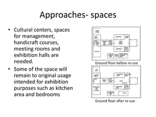 Approaches- spaces
• Cultural centers, spaces
for management,
handicraft courses,
meeting rooms and
exhibition halls are
needed.
• Some of the space will
remain to original usage
intended for exhibition
purposes such as kitchen
area and bedrooms
Ground floor before re-use
Ground floor after re-use
 