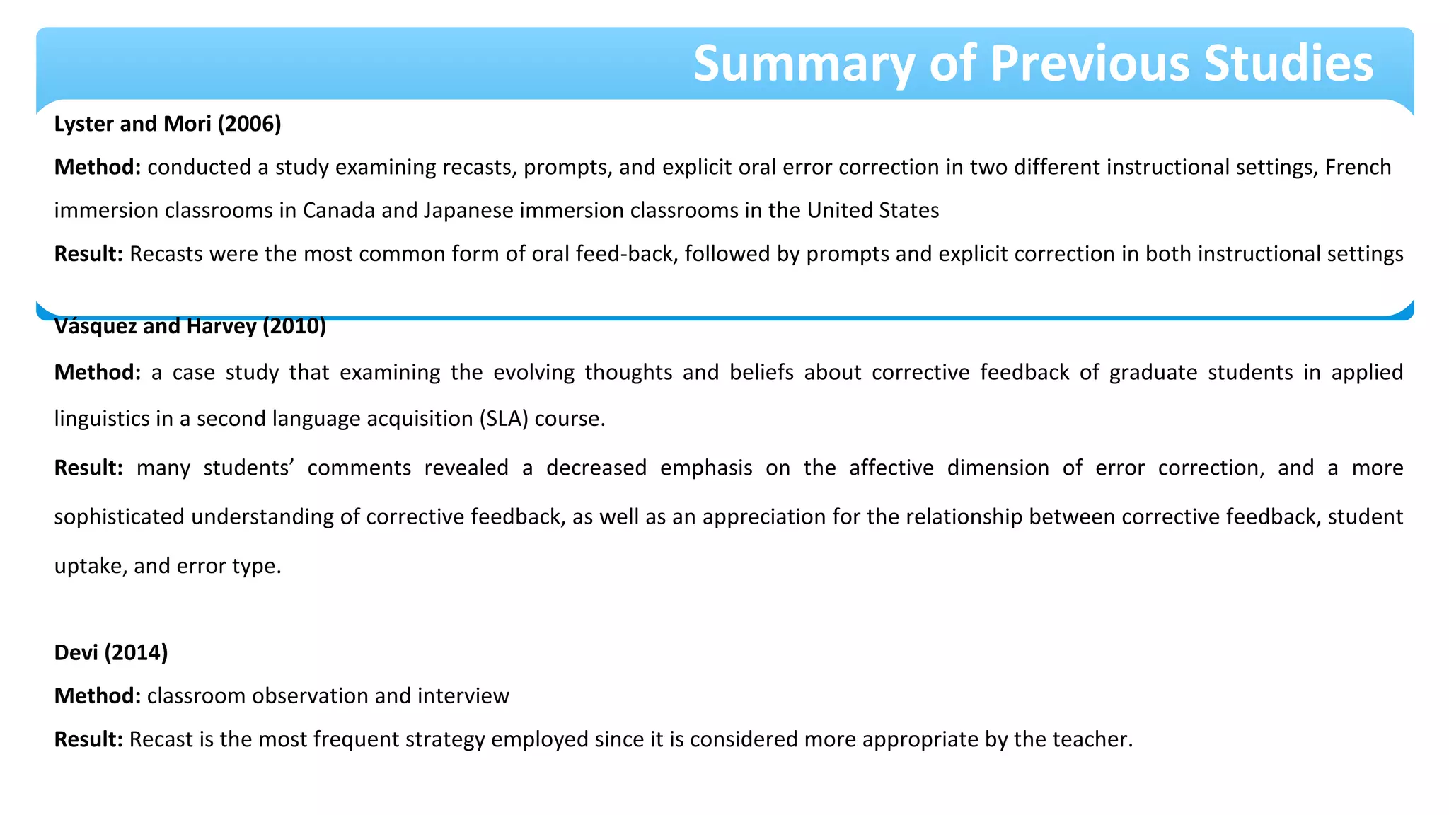 Summary of Previous Studies
Lyster and Mori (2006)
Method: conducted a study examining recasts, prompts, and explicit oral error correction in two different instructional settings, French
immersion classrooms in Canada and Japanese immersion classrooms in the United States
Result: Recasts were the most common form of oral feed-back, followed by prompts and explicit correction in both instructional settings
Vásquez and Harvey (2010)
Method: a case study that examining the evolving thoughts and beliefs about corrective feedback of graduate students in applied
linguistics in a second language acquisition (SLA) course.
Result: many students’ comments revealed a decreased emphasis on the affective dimension of error correction, and a more
sophisticated understanding of corrective feedback, as well as an appreciation for the relationship between corrective feedback, student
uptake, and error type.
Devi (2014)
Method: classroom observation and interview
Result: Recast is the most frequent strategy employed since it is considered more appropriate by the teacher.
 