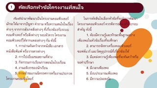 1
ในการตัดสินใจเลือกหัวข้อที่จะนามาพัฒนา
โครงงาȨอมพิวเตอร์ควรพิจารณาองค์ประกอบ
สาคัญ ดังนี้
1. ต้องมีความรู้และทักษะพื้นฐานอย่าง
เพียงพอในหัวข้อเรื่องที่จะศึกษา
2. สามารถจัดหาเครื่องคอมพิวเตอร์
ซอฟต์แวร์ และวัสดุอุปกรณ์ที่เกี่ยวข้องได้
3. มีแหล่งความรู้เพียงพอที่จะค้นคว้าหรือ
ขอคาปรึกษา
4. มีเวลาเพียงพอ
5. มีงบประมาณเพียงพอ
6. มีความปลอดภัย
 