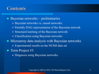 Copyright (c) 2002 by SNU CSE Biointelligence Lab 2
Contents
 Bayesian networks – preliminaries
 Bayesian networks vs. c...