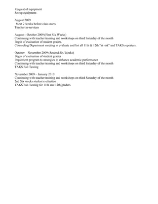 Request of equipment
Set up equipment

August 2009
 Meet 2 weeks before class starts
Teacher in-services

August – October 2009 (First Six Weeks)
Continuing with teacher training and workshops on third Saturday of the month
Begin of evaluation of student grades.
Counseling Department meeting to evaluate and list all 11th & 12th "at risk" and TAKS repeaters.

October – November 2009 (Second Six Weeks)
Begin of evaluation of student grades
Implement program to strategies to enhance academic performance
Continuing with teacher training and workshops on third Saturday of the month
TAKS Fall Testing

November 2009 – January 2010
Continuing with teacher training and workshops on third Saturday of the month
2nd Six weeks student evaluation
TAKS Fall Testing for 11th and 12th graders
 