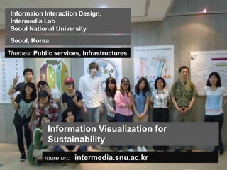 Informaion Interaction Design,
 Intermedia Lab
 Seoul National University
 Seoul, Korea
Themes: Public services, Infrastructures




             Information Visualization for
             Sustainability

            more on:   intermedia.snu.ac.kr
 