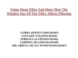 Using Mean Filter And Show How The
Window Size Of The Filter Affects Filtering




        TASIRA ADNEEN (10.01.05.041)
         SATYAJIT NAG(10.01.05.042)
        FERDAUS ALAM(10.01.05.044)
        FAHIMUL ISLAM(10.01.05.045)
   MD. ABDULLAH ALL MAMUN(10.01.05.047)
 