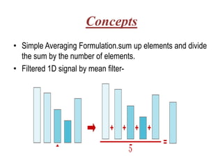 Concepts
• Simple Averaging Formulation.sum up elements and divide
  the sum by the number of elements.
• Filtered 1D signal by mean filter-
 