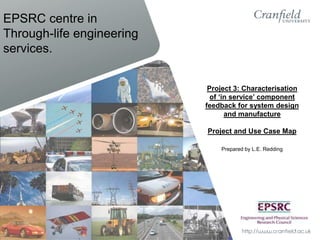 EPSRC centre in
Through-life engineering
services.


                            Project 3: Characterisation
                             of ‘in service’ component
                           feedback for system design
                                  and manufacture

                           Project and Use Case Map

                               Prepared by L.E. Redding
 