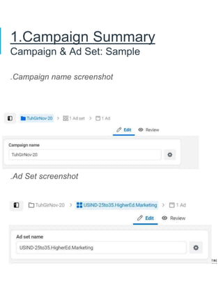 1.Campaign Summary
Campaign & Ad Set: Sample
.Campaign name screenshot
.Ad Set screenshot
 