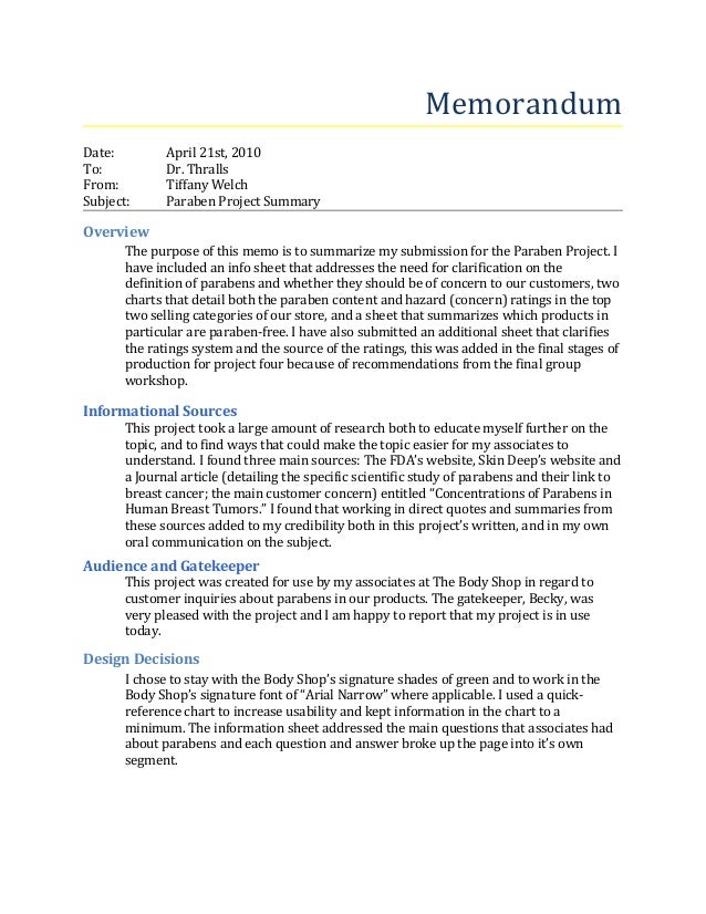 parabens project summary memo executive summary memo example