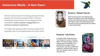 With the advancement of technology blurring the lines
between the virtual and physical world, immersive
technologies have become the new playground for
marketers to build customer engagement and
enhance customer experience.
This allows the growing online commerce space to be
leveraged upon to reinvigorate brick-and-mortar retail
Burberry - Olympia Pop-Up
When launching their new Olympia bag,
Burberry included a pop-up AR experience.
Using a QR code found in-store, customers
were able to watch the Elphis statue walk
around the store and take photos and videos
to share with friends.
Snapchat - City Painter
In October 2020, Snap launched
‘City Painter’ in London’s Carnaby
Street. The AR tool allows users to
virtually paint the buildings in the
street with pre-created murals.
‘City Painter’ was also a shared AR
experience, allowing other users to
view any changes made by others
using the app.
Immersive Media - A New Dawn
 