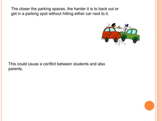 The closer the parking spaces, the harder it is to back out or
get in a parking spot without hitting either car next to it.

This could cause a conflict between students and also
parents.

 
